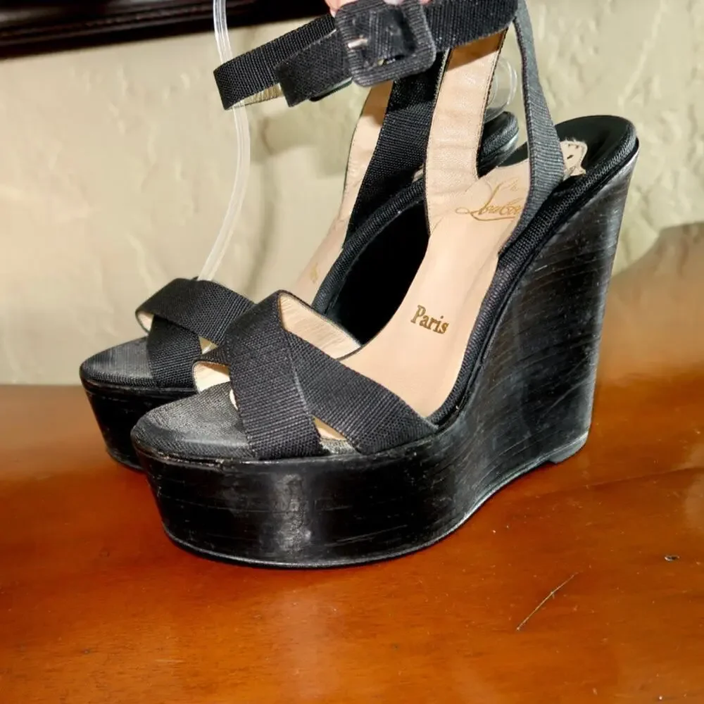 CHRISTIAN LOUBOUTIN Black Wedge Wrap Ankle Strap Sandals EU-38 US-7